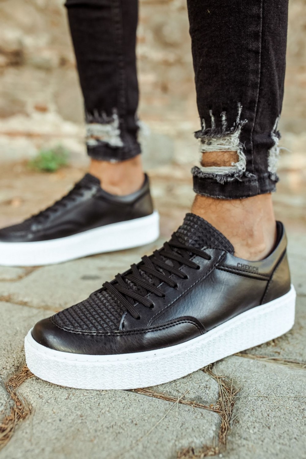 CH017 Pyramid Erkek Günlük Bağcıklı Cilt Spor Sneaker Ayakkabı CBT - Siyah – Chekich Erkek Ayakkabı