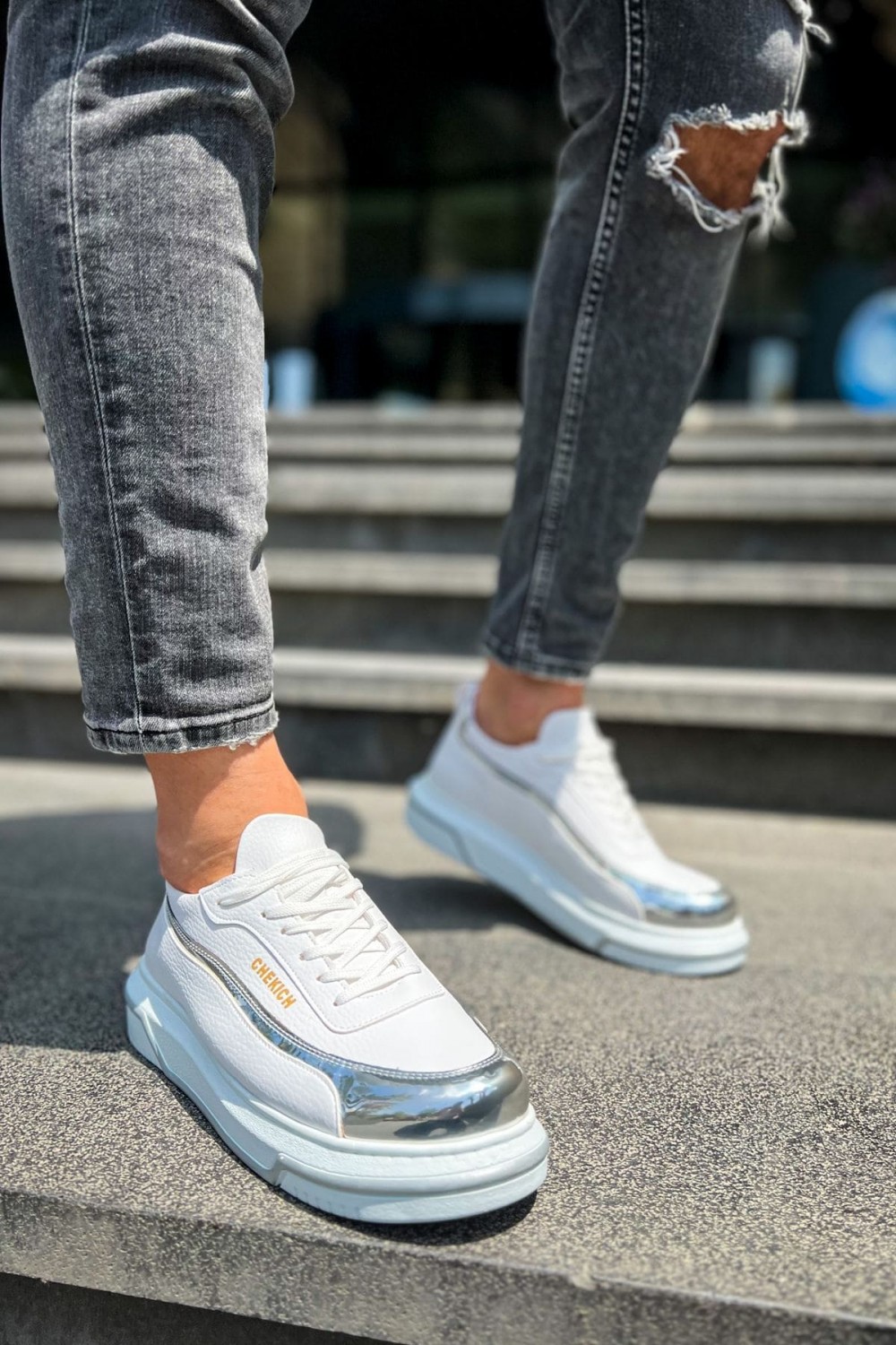 CH041 Renaissance Erkek Günlük Bağcıklı Cilt Spor Sneaker Ayakkabı CBT - Beyaz/Silver – Chekich Erkek Ayakkabı