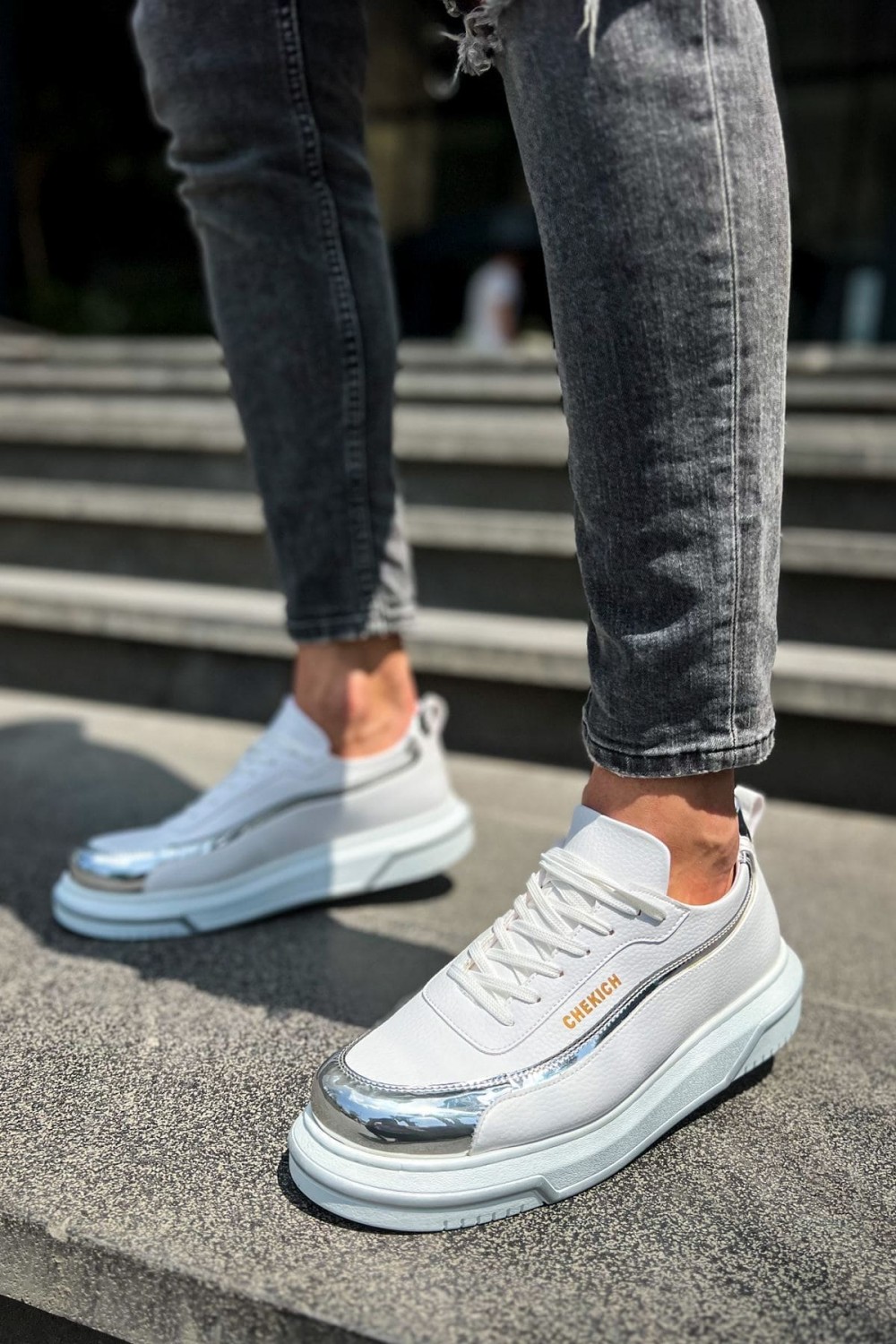 CH041 Renaissance Erkek Günlük Bağcıklı Cilt Spor Sneaker Ayakkabı CBT - Beyaz/Silver – Chekich Erkek Ayakkabı