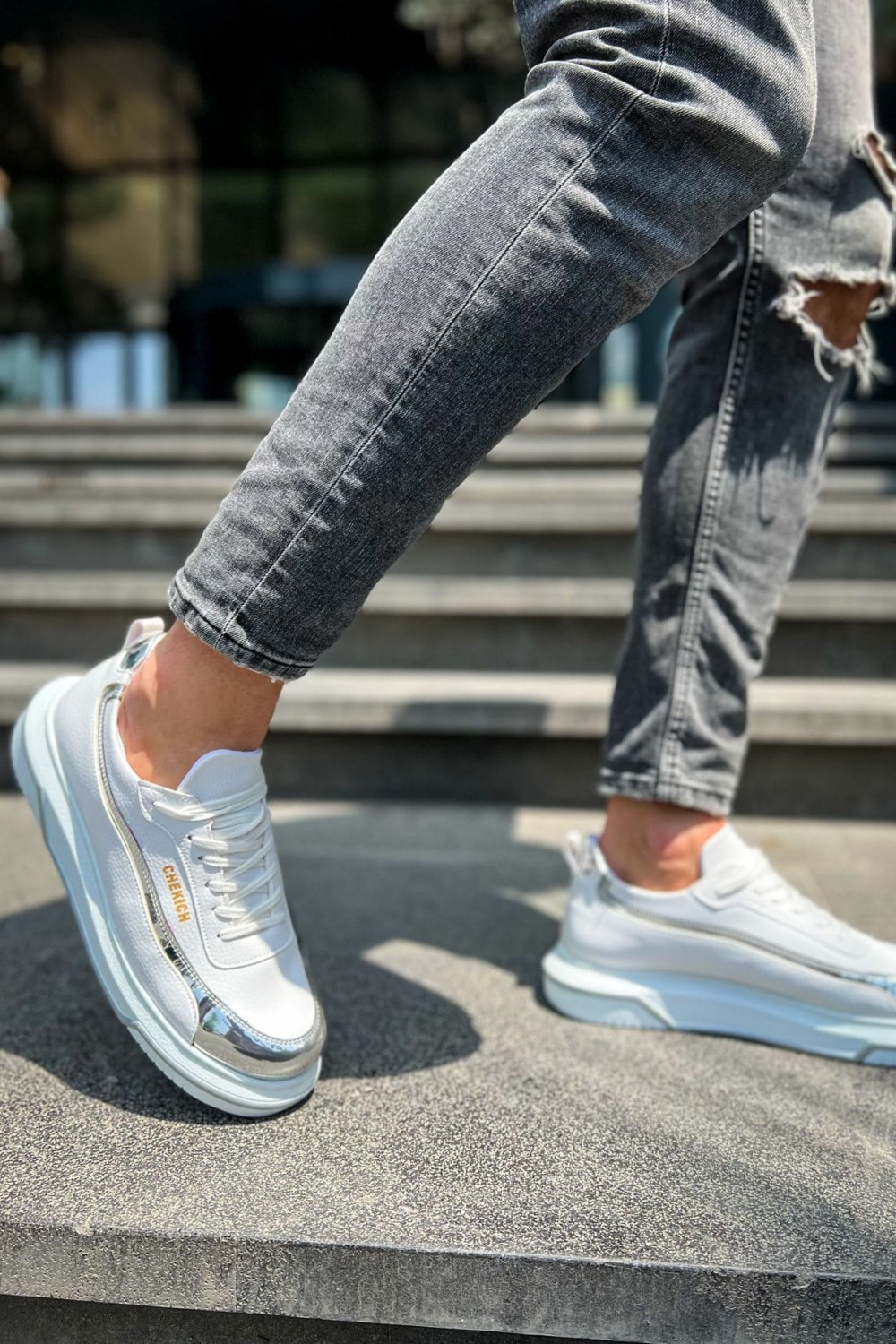 CH041 Renaissance Erkek Günlük Bağcıklı Cilt Spor Sneaker Ayakkabı CBT - Beyaz/Silver – Chekich Erkek Ayakkabı