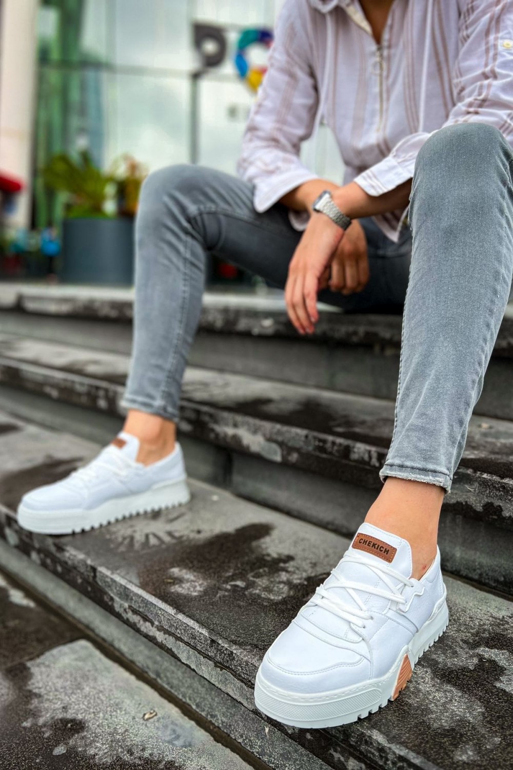CH067 Warrem Erkek Günlük Bağcıklı Cilt Spor Sneaker Ayakkabı CBT - Beyaz – Chekich Erkek Ayakkabı