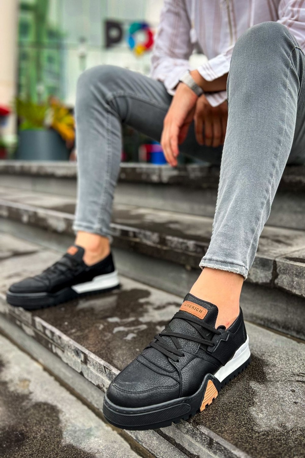 CH067 Warrem Erkek Günlük Bağcıklı Cilt Spor Sneaker Ayakkabı CSBT - Siyah – Chekich Erkek Ayakkabı