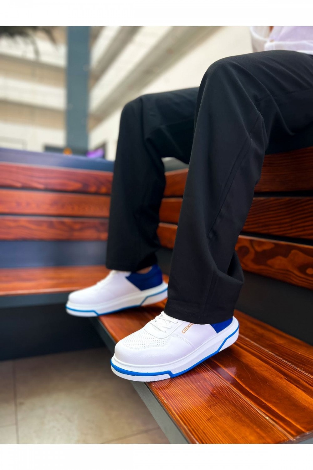 CH075 Signature Erkek Günlük Bağcıklı Cilt Spor Sneaker Ayakkabı CBT - Beyaz/Mavi – Chekich Erkek Ayakkabı