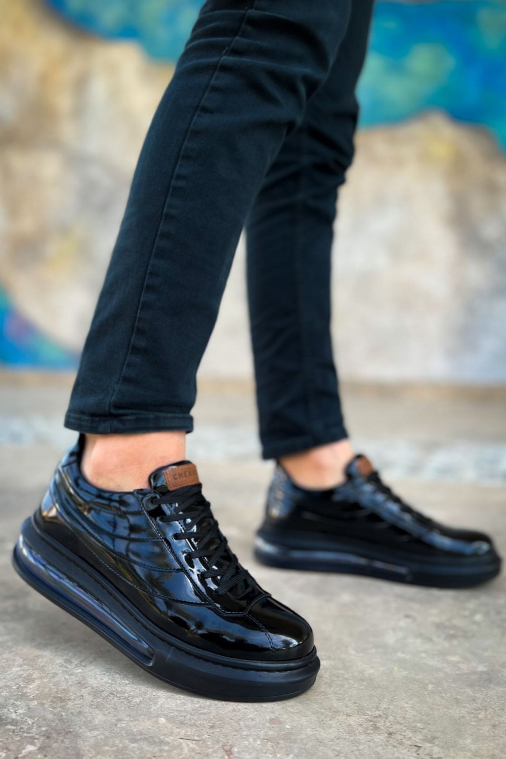 CH171 Ariaso Erkek Günlük Bağcıklı Desenli Rugan Spor Sneaker Ayakkabı RST - Siyah – Chekich Erkek Ayakkabı