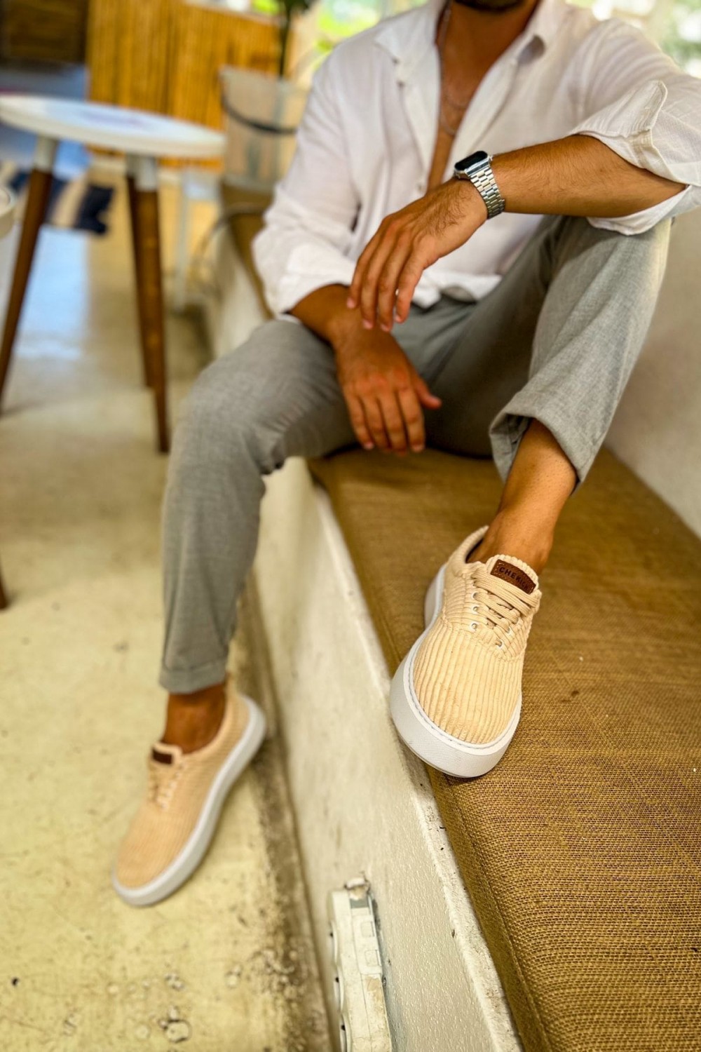 CH173 Velluto Erkek Günlük Bağcıklı Kadife Kumaş Spor Sneaker Ayakkabı KKBT - Bej – Chekich Erkek Ayakkabı