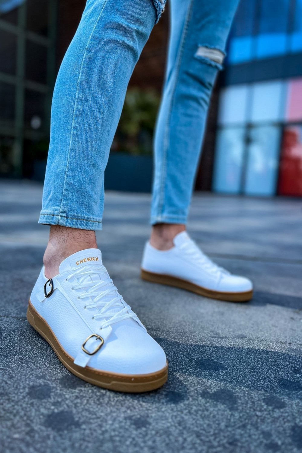 CH191 Side Buckle Erkek Günlük Bağcıklı Krep Taban Cilt Spor Sneaker Ayakkabı CKT - Beyaz – Chekich Erkek Ayakkabı