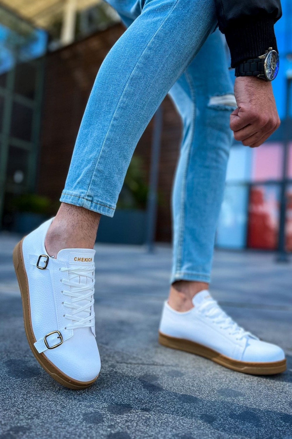 CH191 Side Buckle Erkek Günlük Bağcıklı Krep Taban Cilt Spor Sneaker Ayakkabı CKT - Beyaz – Chekich Erkek Ayakkabı