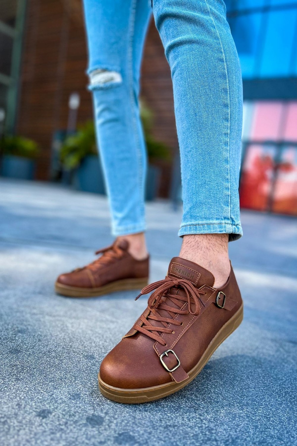 CH191 Side Buckle Erkek Günlük Bağcıklı Krep Taban Cilt Spor Sneaker Ayakkabı CKT - Taba – Chekich Erkek Ayakkabı