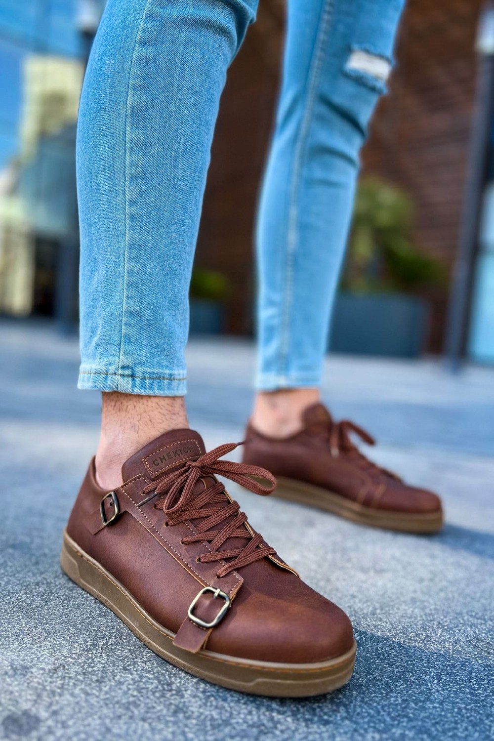 CH191 Side Buckle Erkek Günlük Bağcıklı Krep Taban Cilt Spor Sneaker Ayakkabı CKT - Taba – Chekich Erkek Ayakkabı