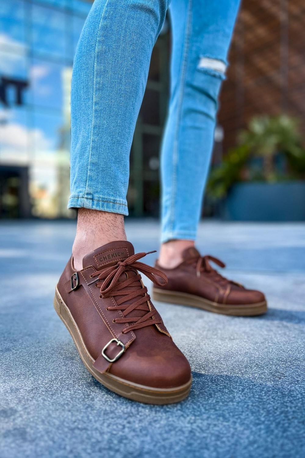 CH191 Side Buckle Erkek Günlük Bağcıklı Krep Taban Cilt Spor Sneaker Ayakkabı CKT - Taba – Chekich Erkek Ayakkabı