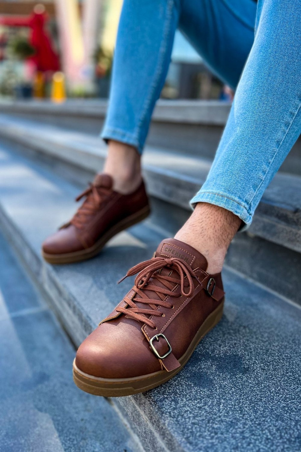 CH191 Side Buckle Erkek Günlük Bağcıklı Krep Taban Cilt Spor Sneaker Ayakkabı CKT - Taba – Chekich Erkek Ayakkabı