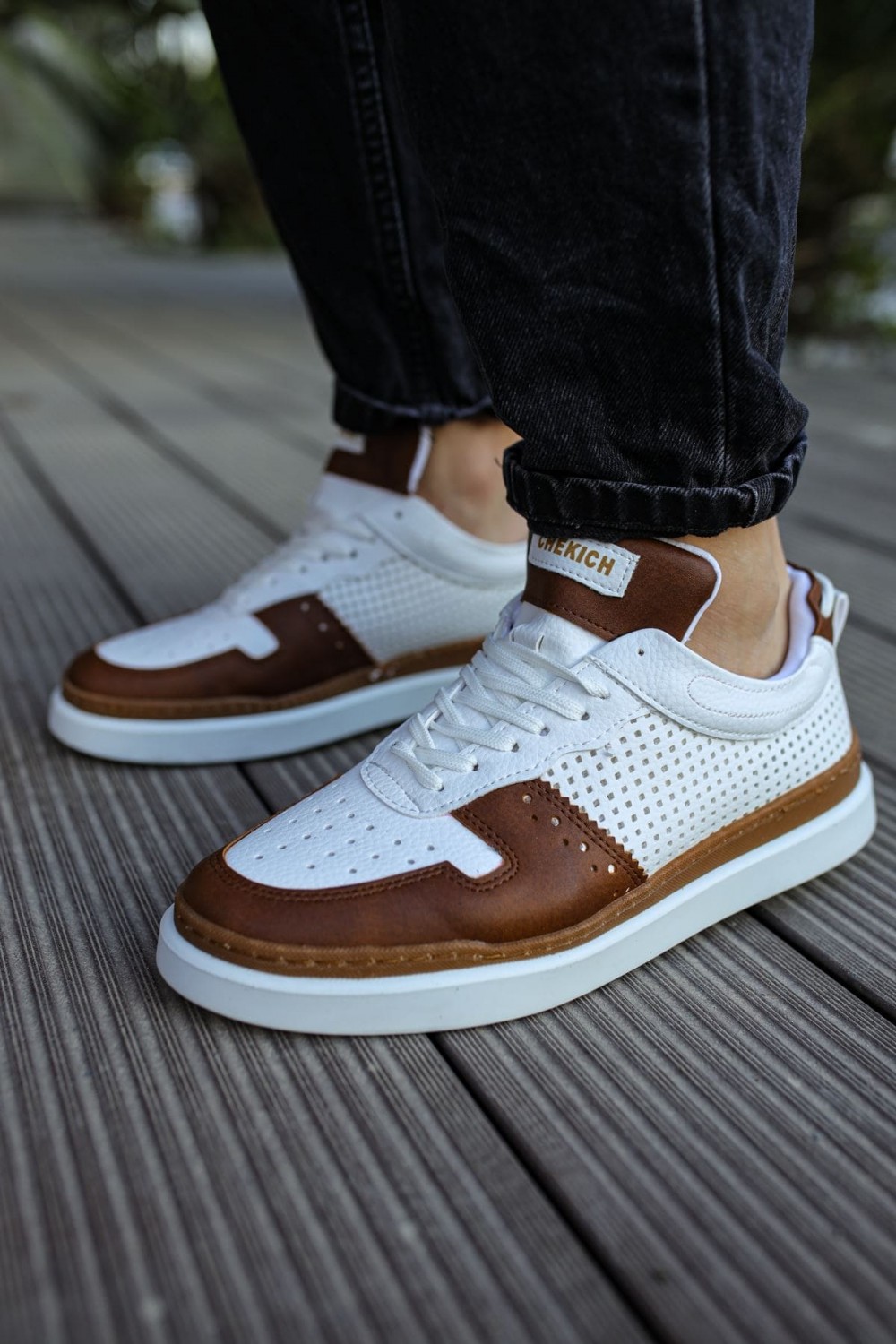 CH201 Hercules Erkek Günlük Bağcıklı Cilt Spor Sneaker Ayakkabı CBT - Beyaz/Taba – Chekich Erkek Ayakkabı