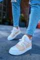 CH219 Laser Erkek Günlük Bağcıklı Cilt Spor Sneaker Ayakkabı CBT - Bej/Beyaz