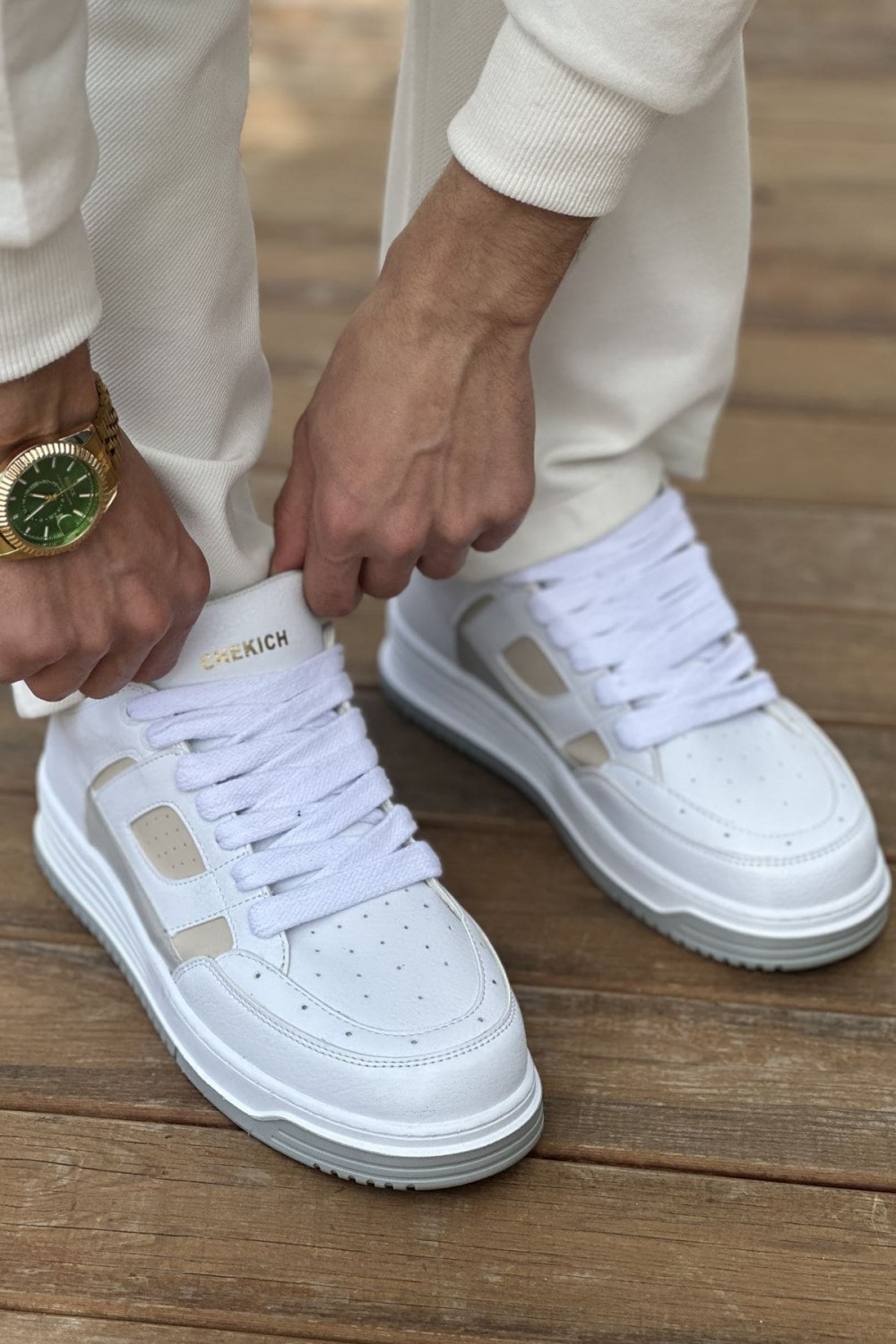 CH2410 Avax Erkek Günlük Bağcıklı Cilt Spor Sneaker Ayakkabı CBT - Beyaz/Bej – Chekich Erkek Ayakkabı