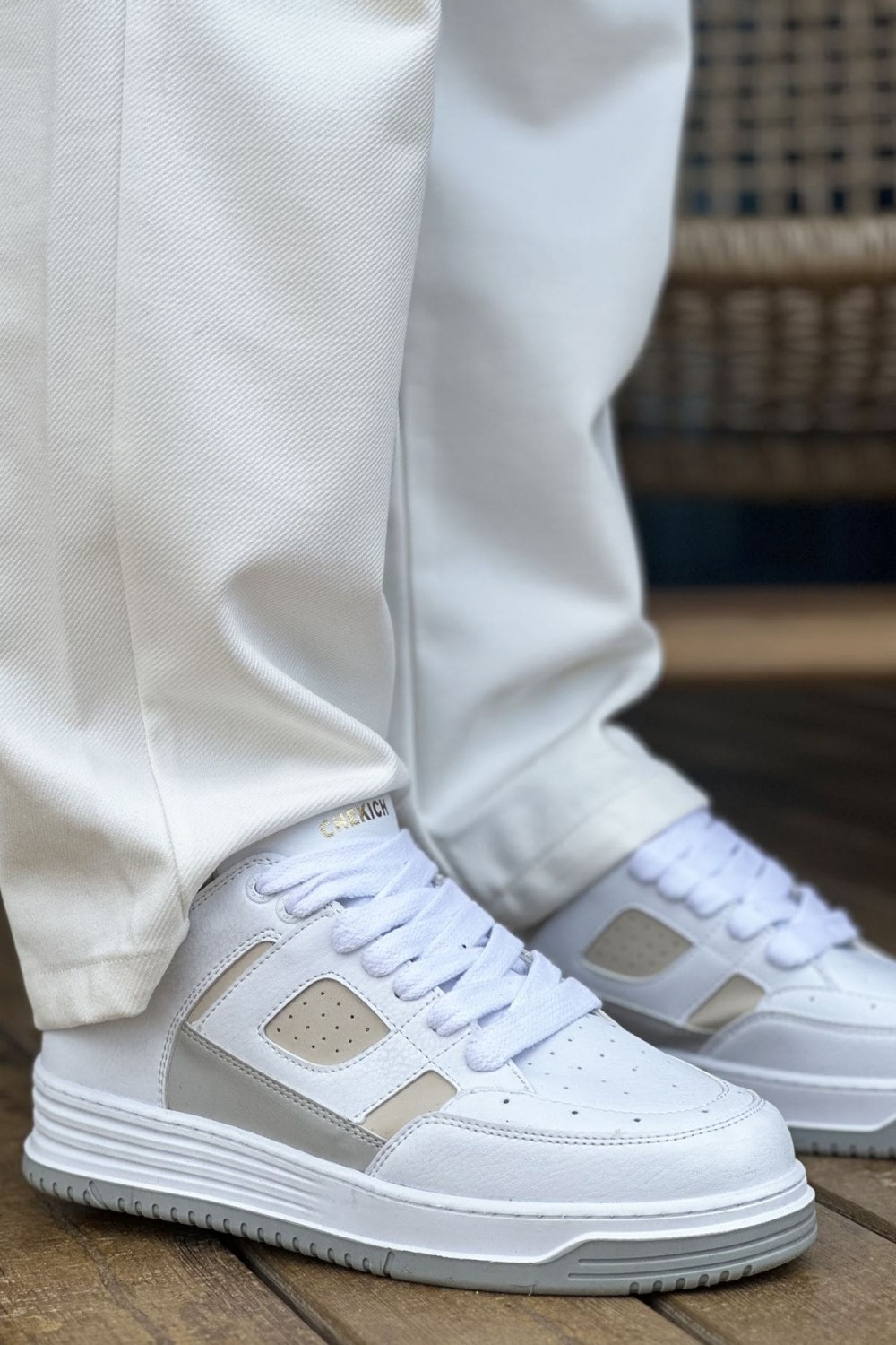 CH2410 Avax Erkek Günlük Bağcıklı Cilt Spor Sneaker Ayakkabı CBT - Beyaz/Bej – Chekich Erkek Ayakkabı