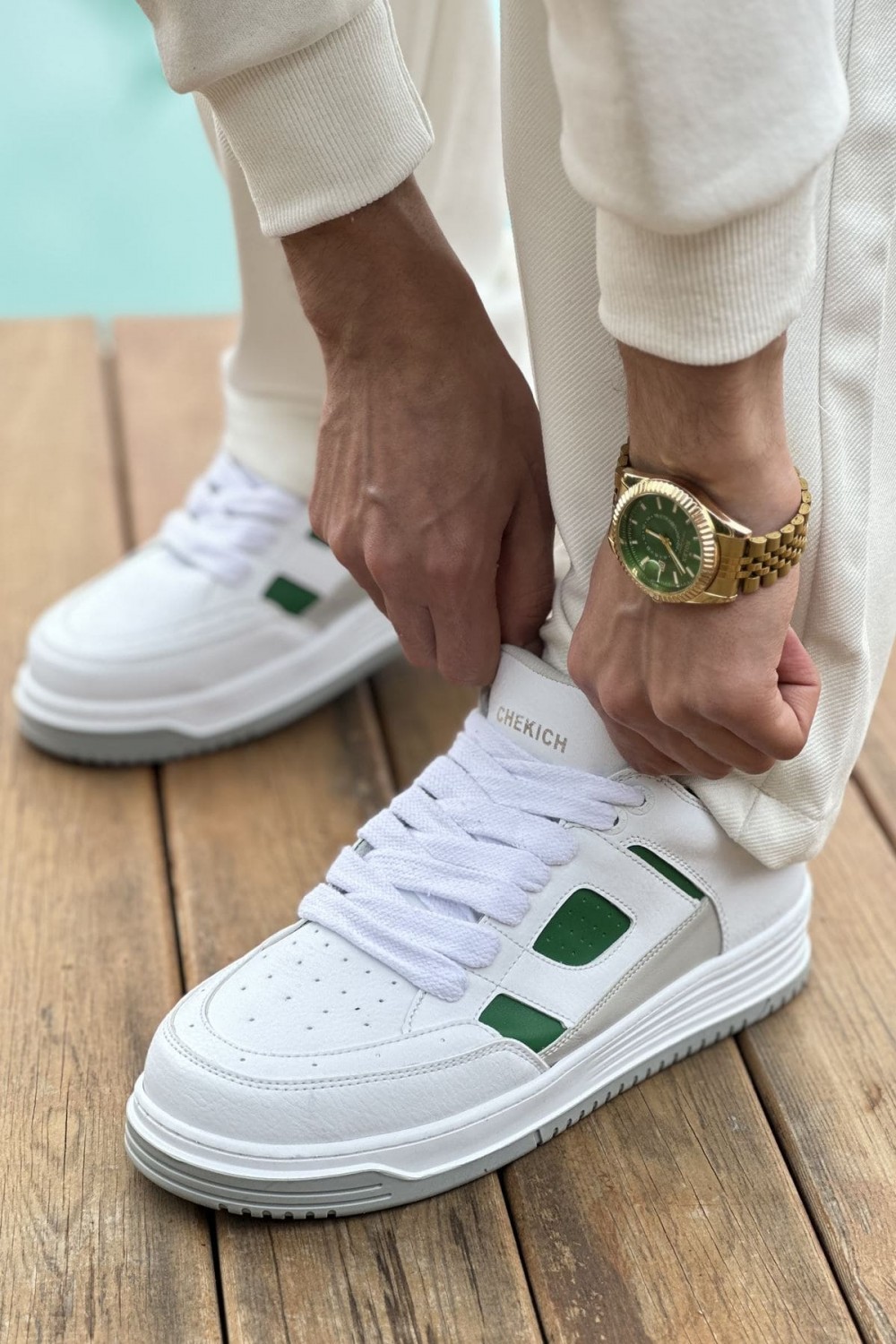 CH2410 Avax Erkek Günlük Bağcıklı Cilt Spor Sneaker Ayakkabı CBT - Beyaz/Yeşil – Chekich Erkek Ayakkabı