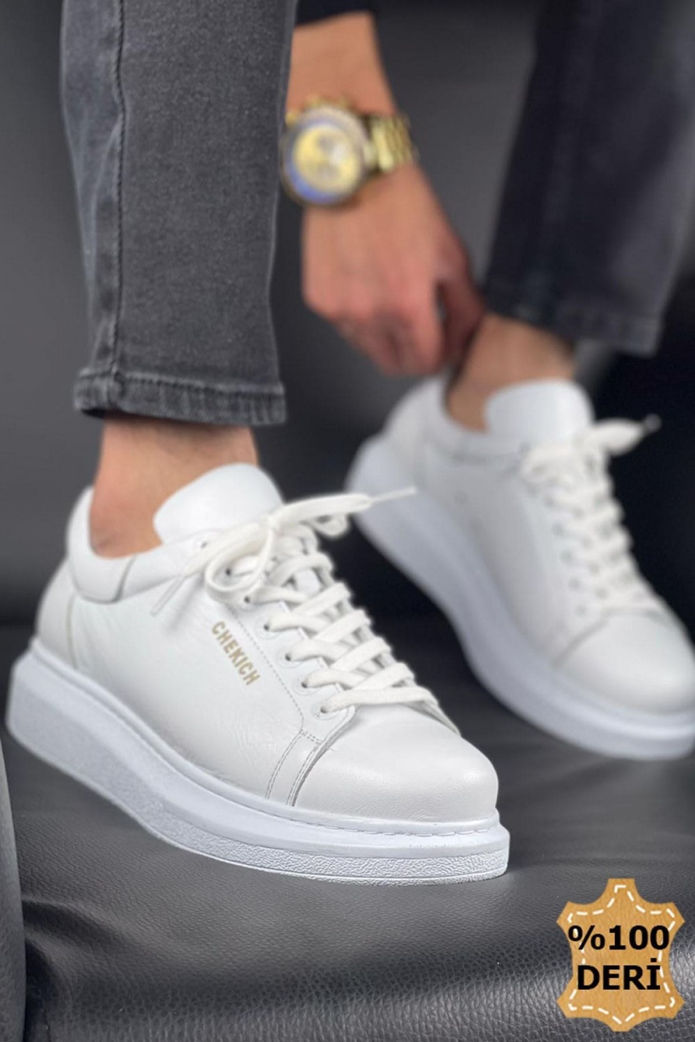 CH257 Estrellas Erkek Günlük Bağcıklı Hakiki Deri Spor Sneaker Ayakkabı DBT - Beyaz – Chekich Erkek Ayakkabı