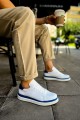 CH979 Santoni Erkek Günlük Bağcıklı Cilt Spor Sneaker Ayakkabı CBT - Beyaz/Mavi