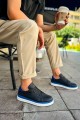 CH979 Santoni Erkek Günlük Bağcıklı Cilt Spor Sneaker Ayakkabı CBT - Siyah/Mavi