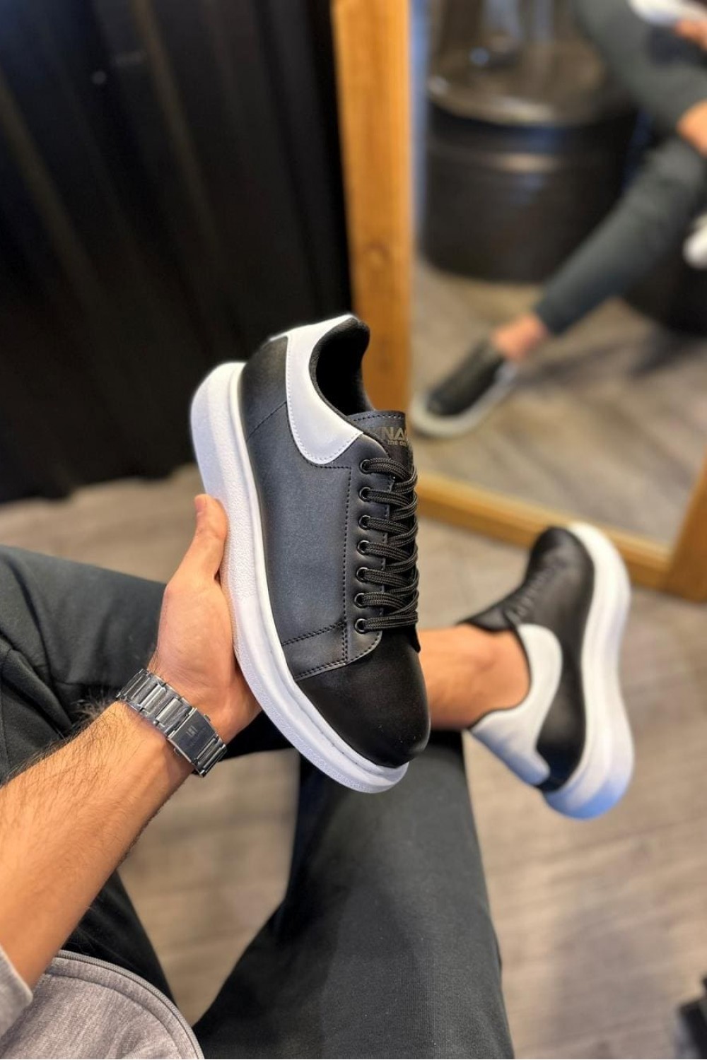 KN043 Erkek Günlük Bağcıklı Cilt Spor Sneaker Ayakkabı CBT - Siyah/Beyaz – Knack Erkek Ayakkabı