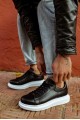 KN044 Erkek Günlük Bağcıklı Cilt Spor Sneaker Ayakkabı CBT - Siyah