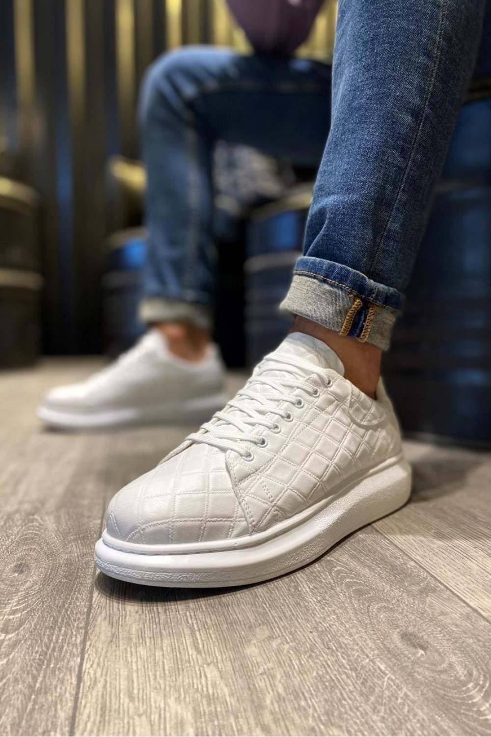 KN044 Erkek Günlük Bağcıklı Kapitone Desenli Cilt Spor Sneaker Ayakkabı CBT - Beyaz – Knack Erkek Ayakkabı