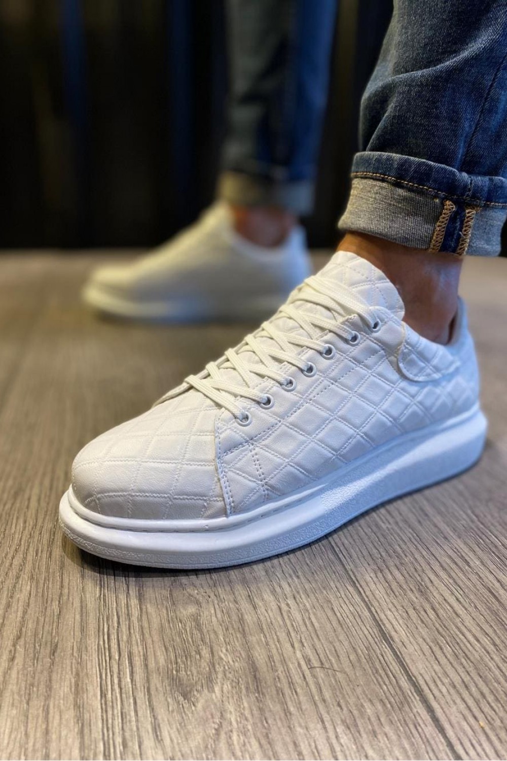 KN044 Erkek Günlük Bağcıklı Kapitone Desenli Cilt Spor Sneaker Ayakkabı CBT - Beyaz – Knack Erkek Ayakkabı