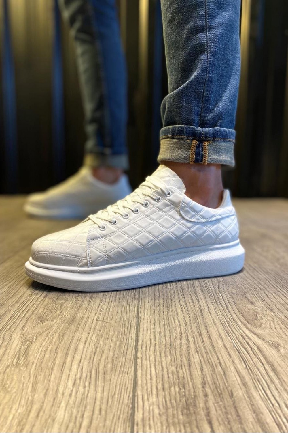 KN044 Erkek Günlük Bağcıklı Kapitone Desenli Cilt Spor Sneaker Ayakkabı CBT - Beyaz – Knack Erkek Ayakkabı