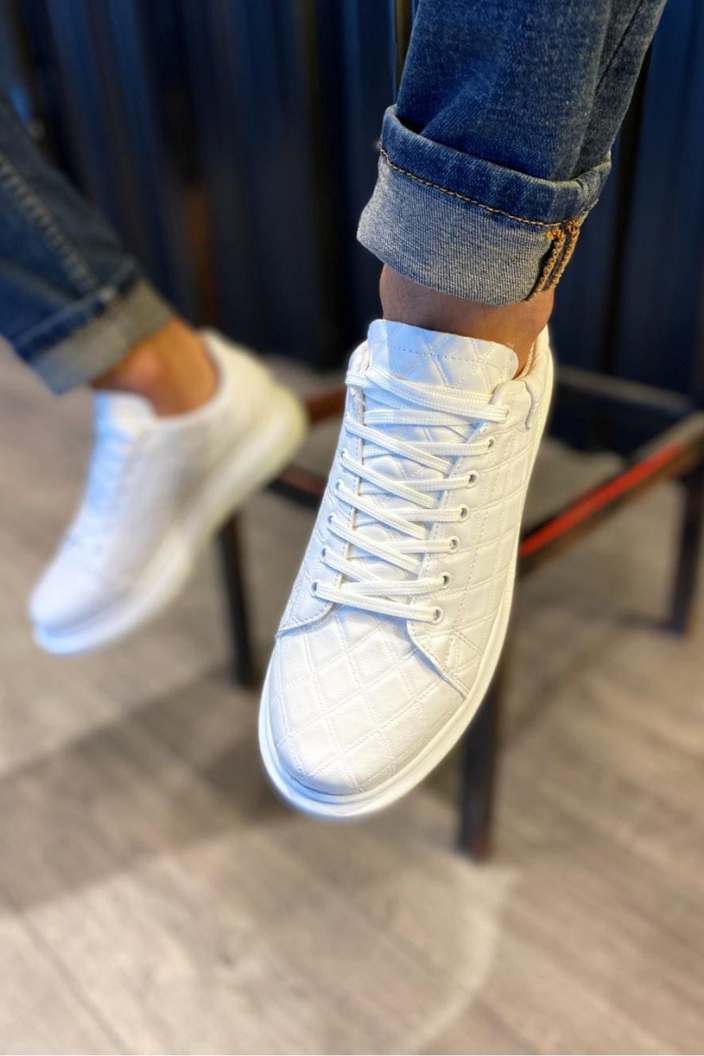 KN044 Erkek Günlük Bağcıklı Kapitone Desenli Cilt Spor Sneaker Ayakkabı CBT - Beyaz – Knack Erkek Ayakkabı