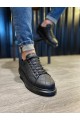 KN044 Erkek Günlük Bağcıklı Kapitone Desenli Cilt Spor Sneaker Ayakkabı CST - Siyah