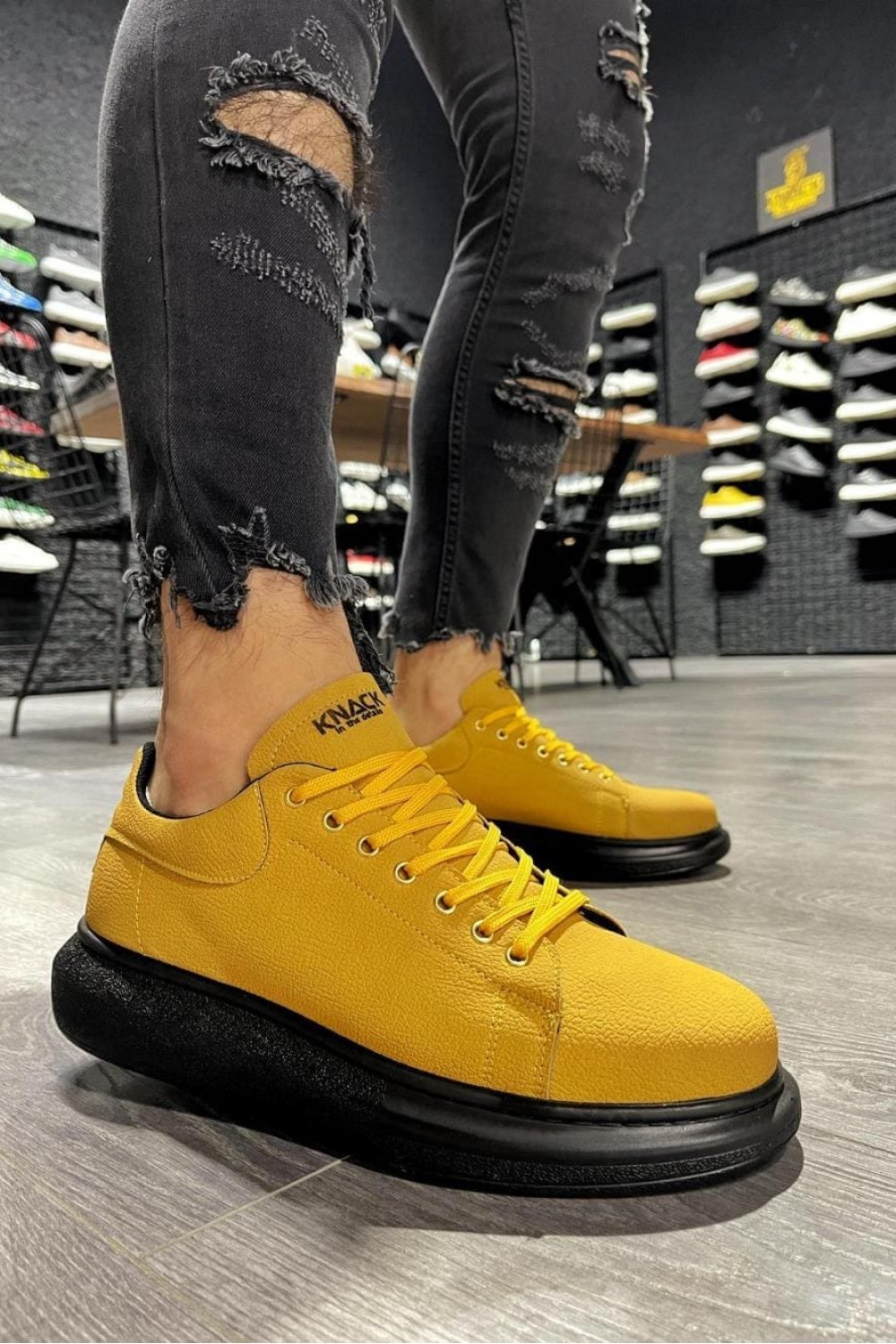KN045 Erkek Günlük Bağcıklı Cilt Spor Sneaker Ayakkabı CST - Sarı – Knack Erkek Ayakkabı