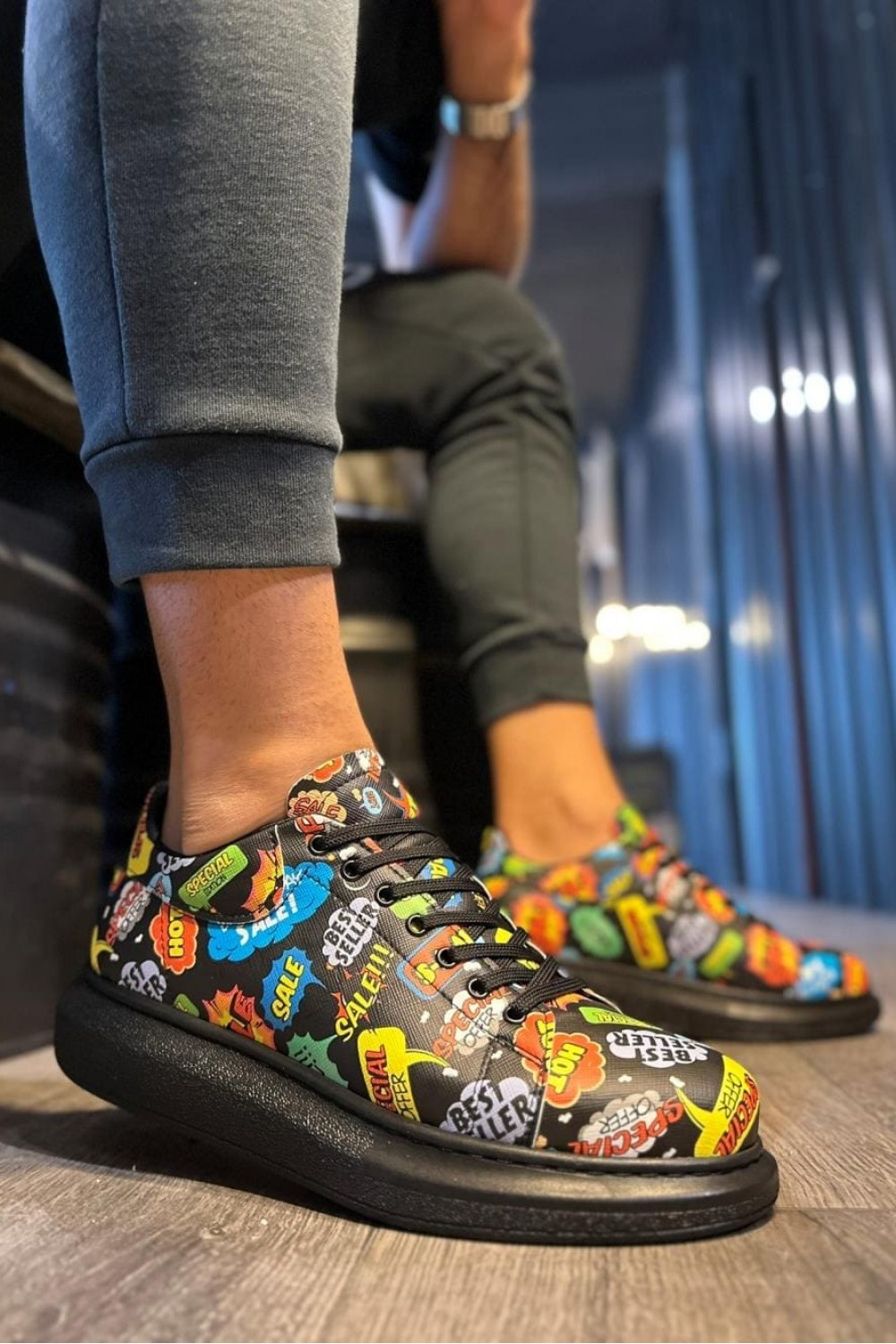 KN046 Erkek Günlük Bağcıklı Hot Baskılı Cilt Spor Sneaker Ayakkabı CST - Siyah – Knack Erkek Ayakkabı