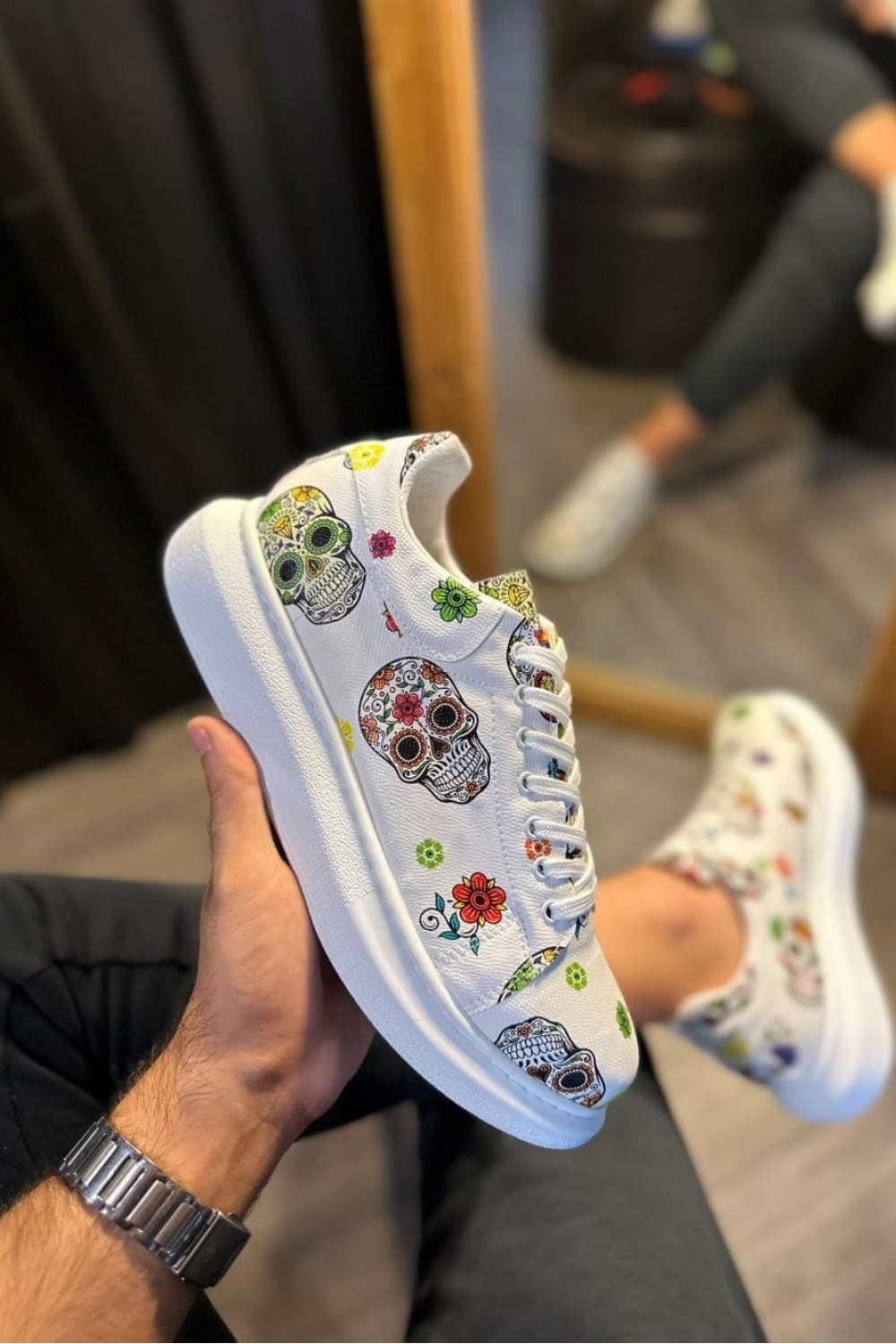 KN046 Erkek Günlük Bağcıklı Kurukafa Baskılı Cilt Spor Sneaker Ayakkabı CBT - Beyaz Erkek Ayakkabı KN046 Erkek Günlük Bağcıklı Kurukafa Baskılı Cilt Spor Sneaker Ayakkabı CBT - Beyaz – Knack Erkek Ayakkabı