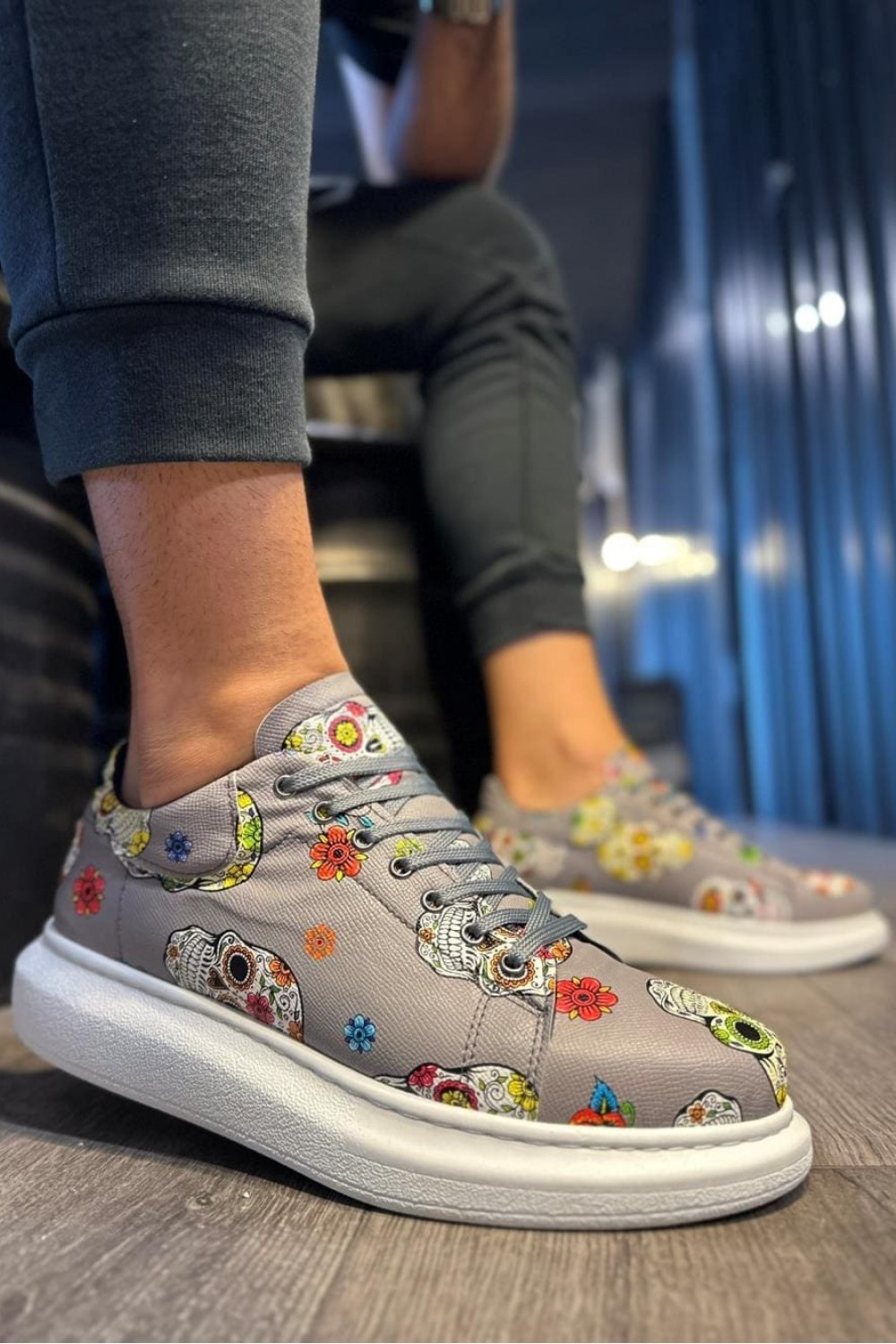 KN046 Erkek Günlük Bağcıklı Kurukafa Baskılı Cilt Spor Sneaker Ayakkabı CBT - Gri – Knack Erkek Ayakkabı