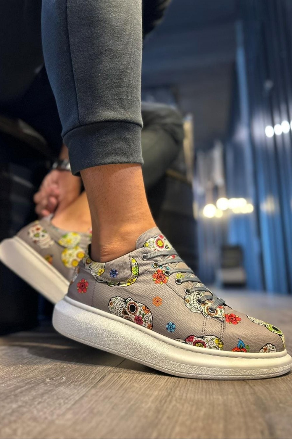 KN046 Erkek Günlük Bağcıklı Kurukafa Baskılı Cilt Spor Sneaker Ayakkabı CBT - Gri – Knack Erkek Ayakkabı