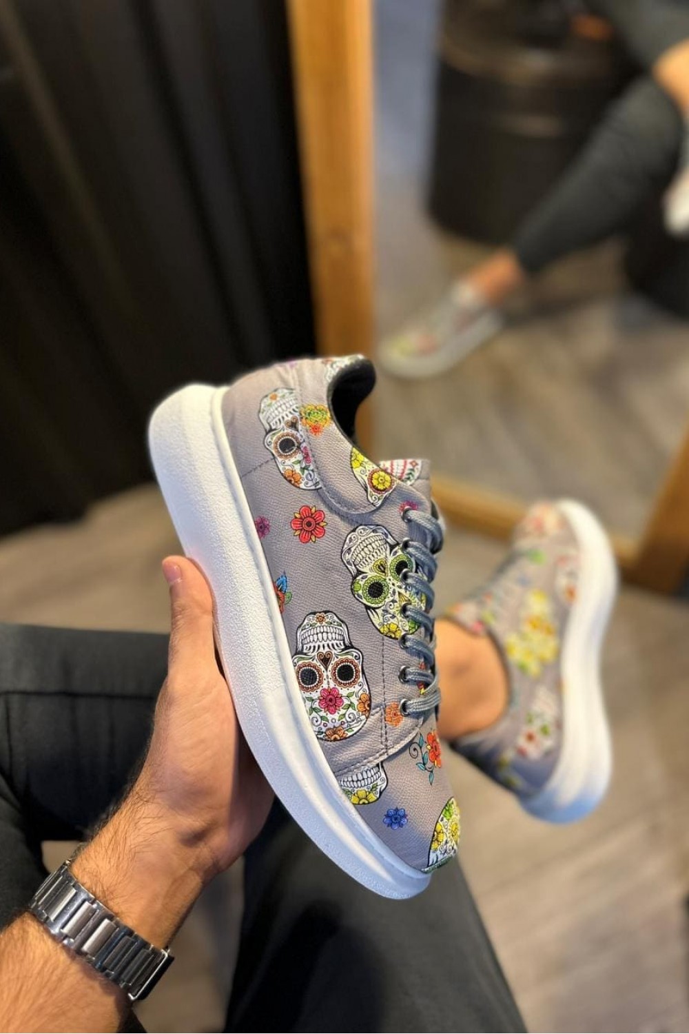 KN046 Erkek Günlük Bağcıklı Kurukafa Baskılı Cilt Spor Sneaker Ayakkabı CBT - Gri – Knack Erkek Ayakkabı