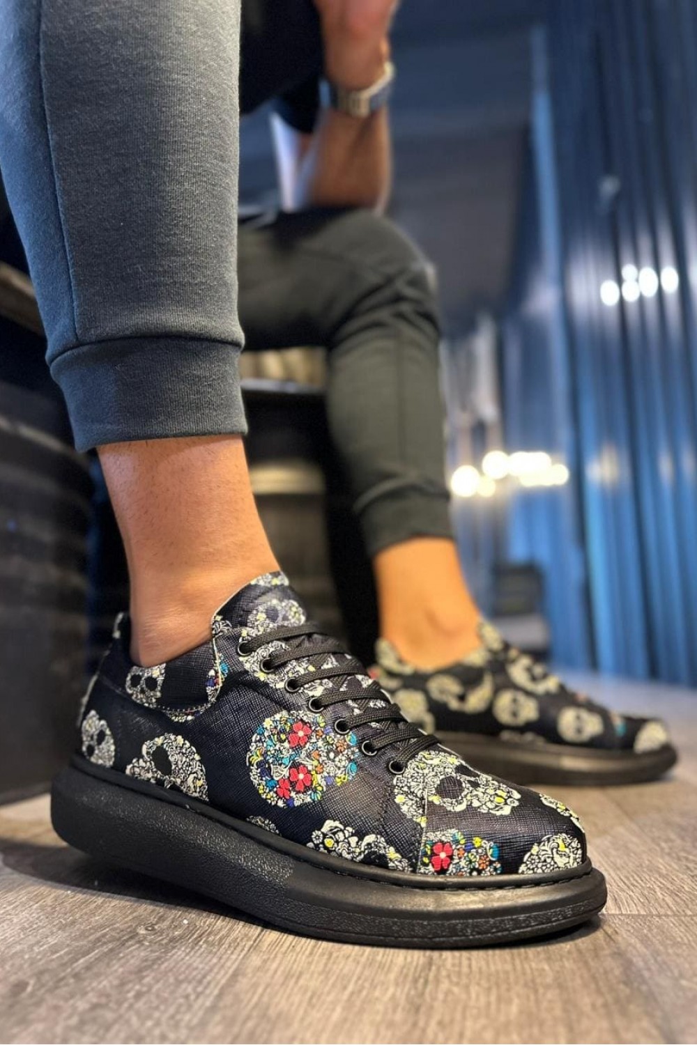 KN046 Erkek Günlük Bağcıklı Kurukafa Baskılı Cilt Spor Sneaker Ayakkabı CST - Siyah – Knack Erkek Ayakkabı