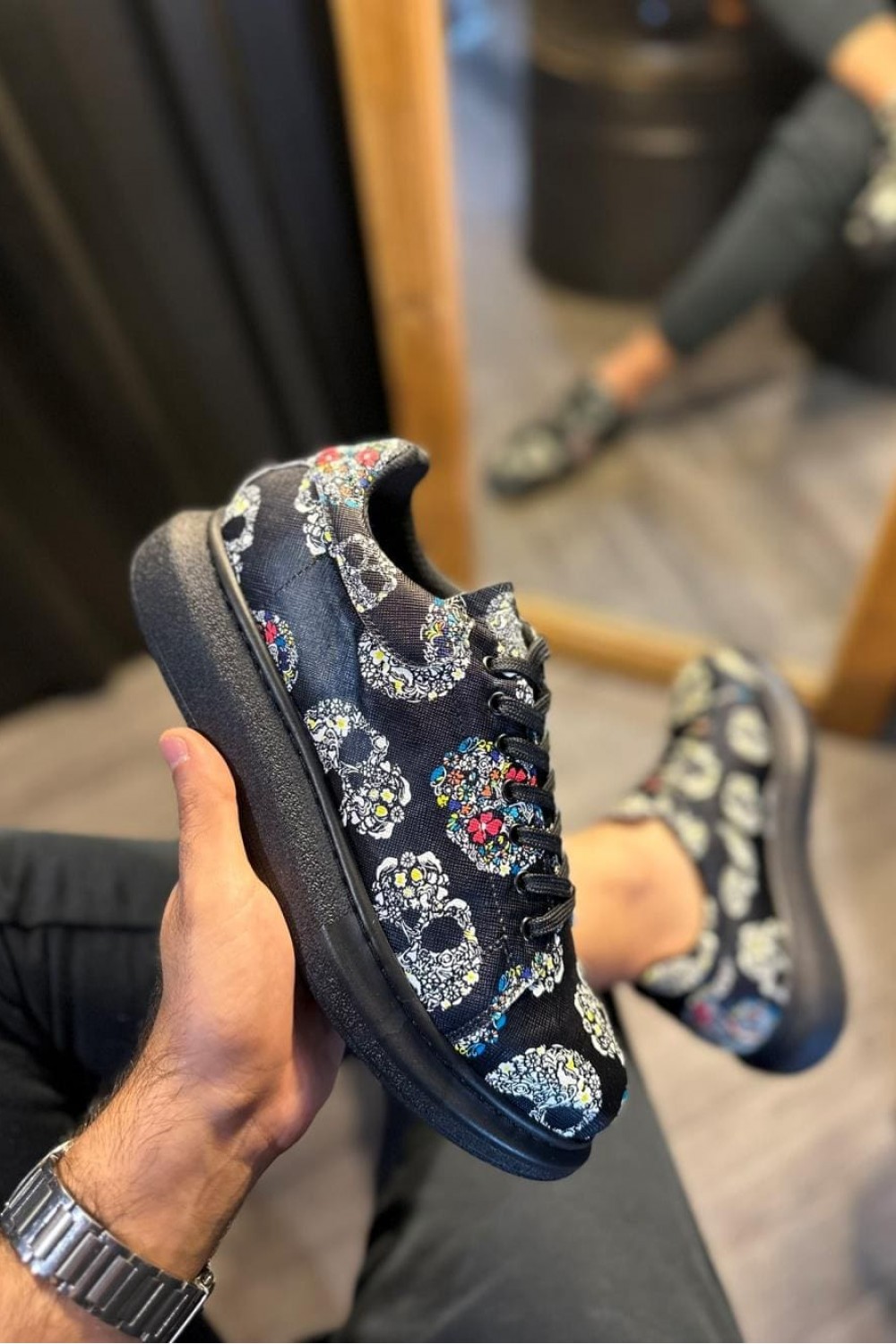 KN046 Erkek Günlük Bağcıklı Kurukafa Baskılı Cilt Spor Sneaker Ayakkabı CST - Siyah – Knack Erkek Ayakkabı
