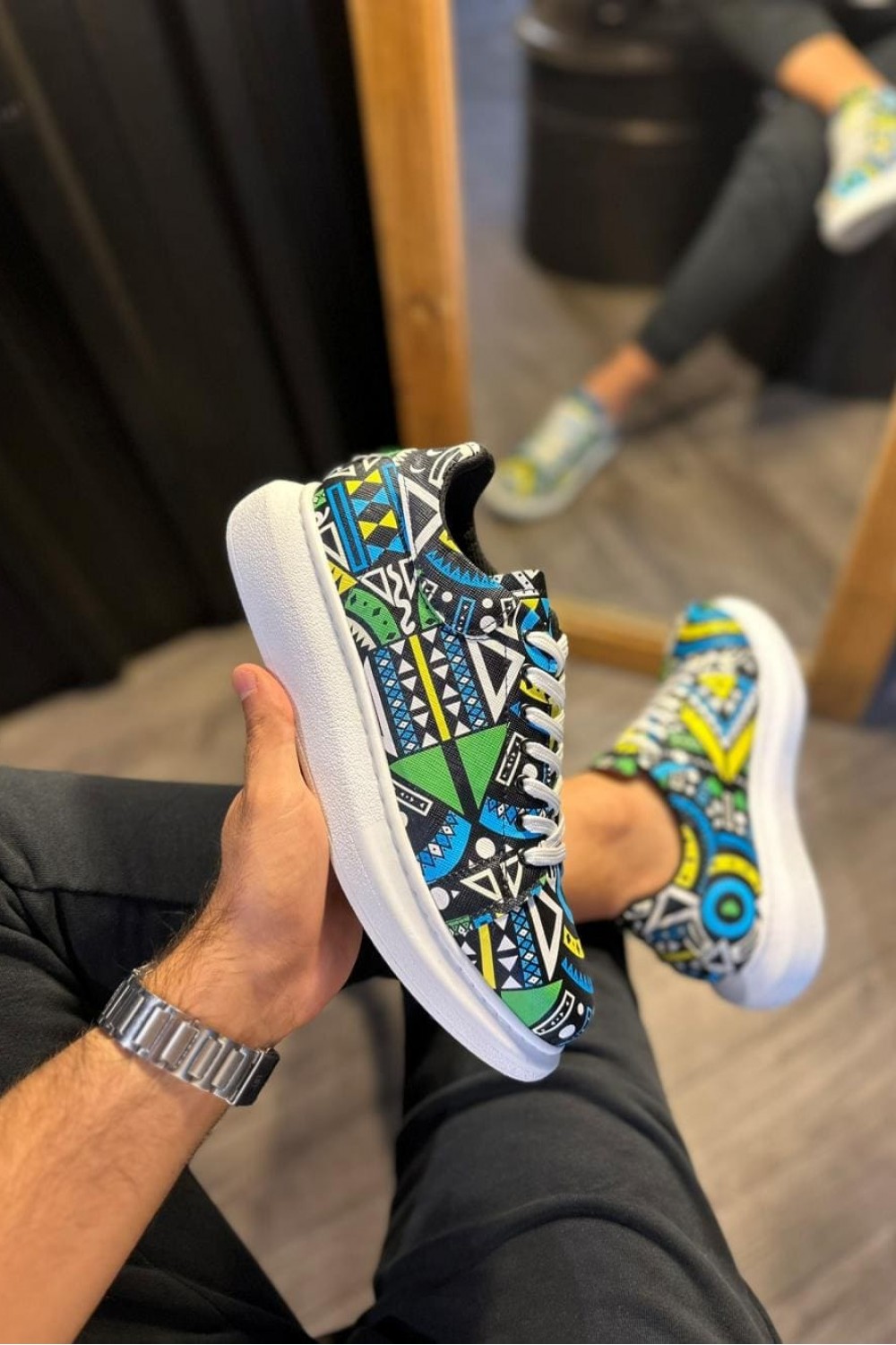 KN046 Erkek Günlük Bağcıklı Renkli Baskılı Cilt Spor Sneaker Ayakkabı CBT - Yeşil – Knack Erkek Ayakkabı