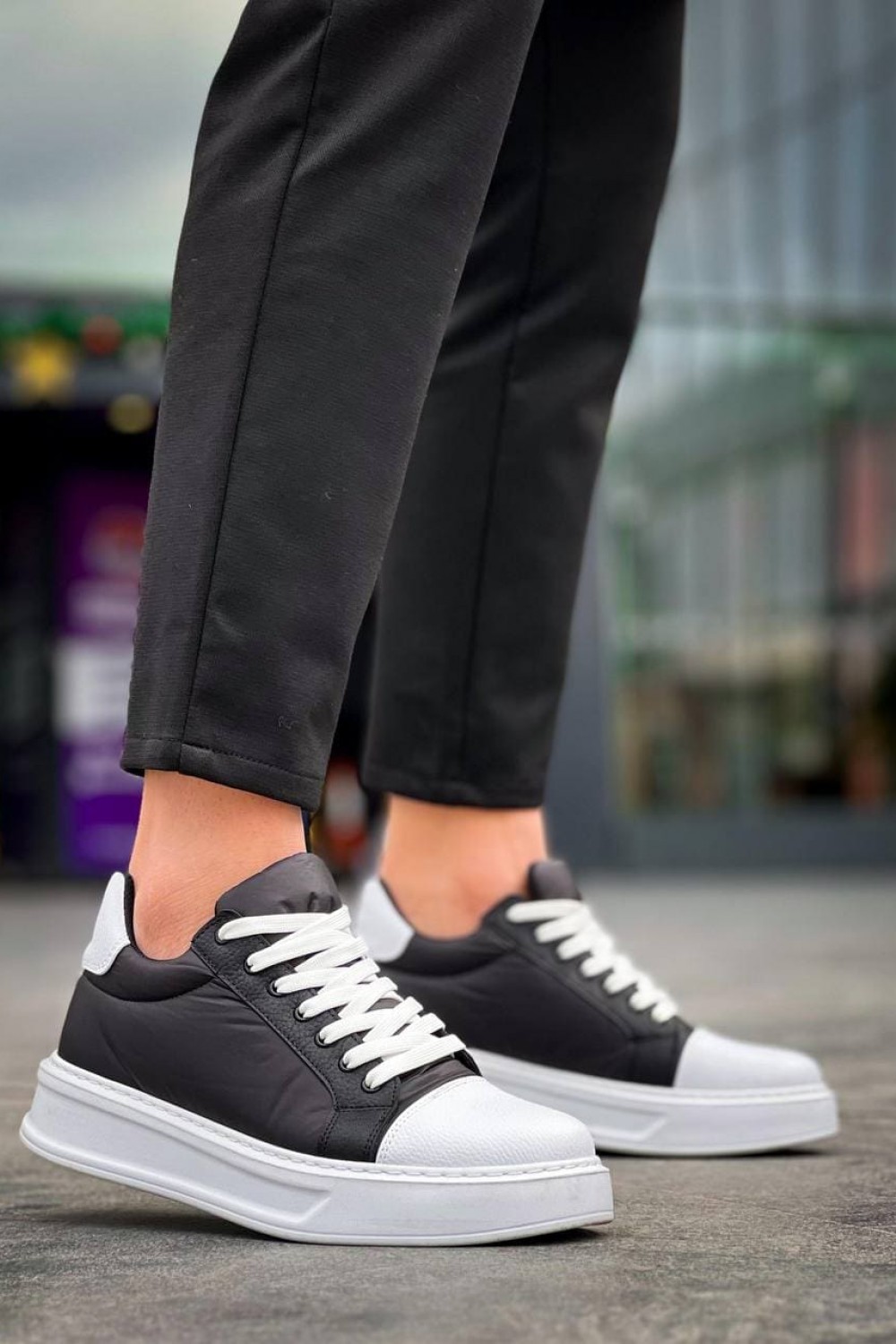 KB-X46 Erkek Günlük Bağcıklı Paraşüt Kumaş Cilt Spor Sneaker Ayakkabı PKCBT - Siyah/Beyaz – Kuback Erkek Ayakkabı