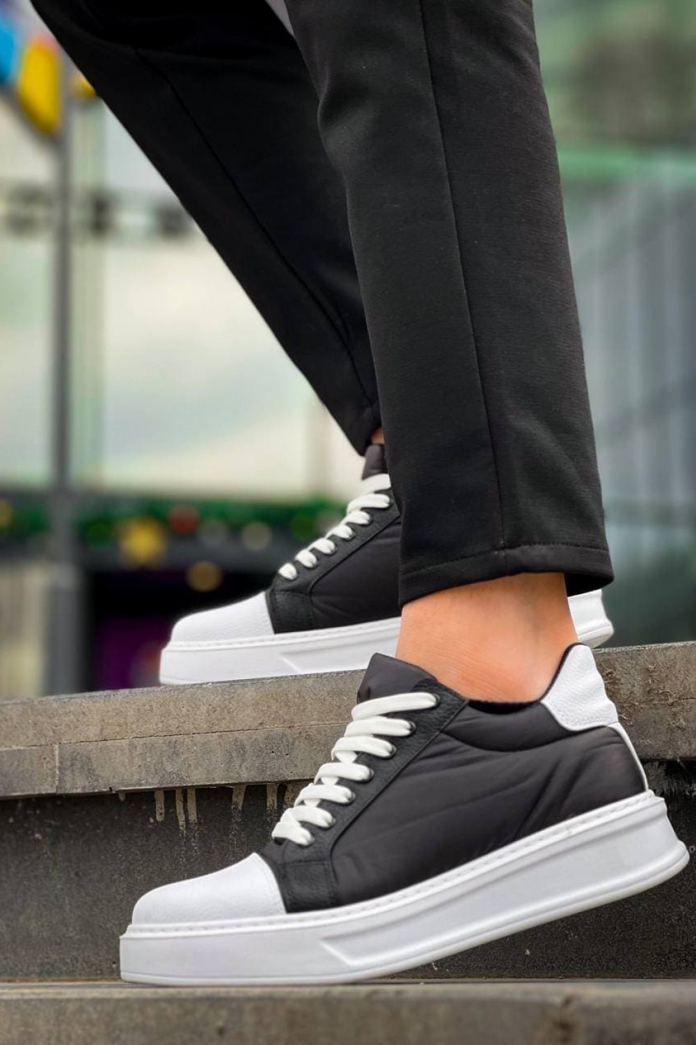KB-X46 Erkek Günlük Bağcıklı Paraşüt Kumaş Cilt Spor Sneaker Ayakkabı PKCBT - Siyah/Beyaz – Kuback Erkek Ayakkabı