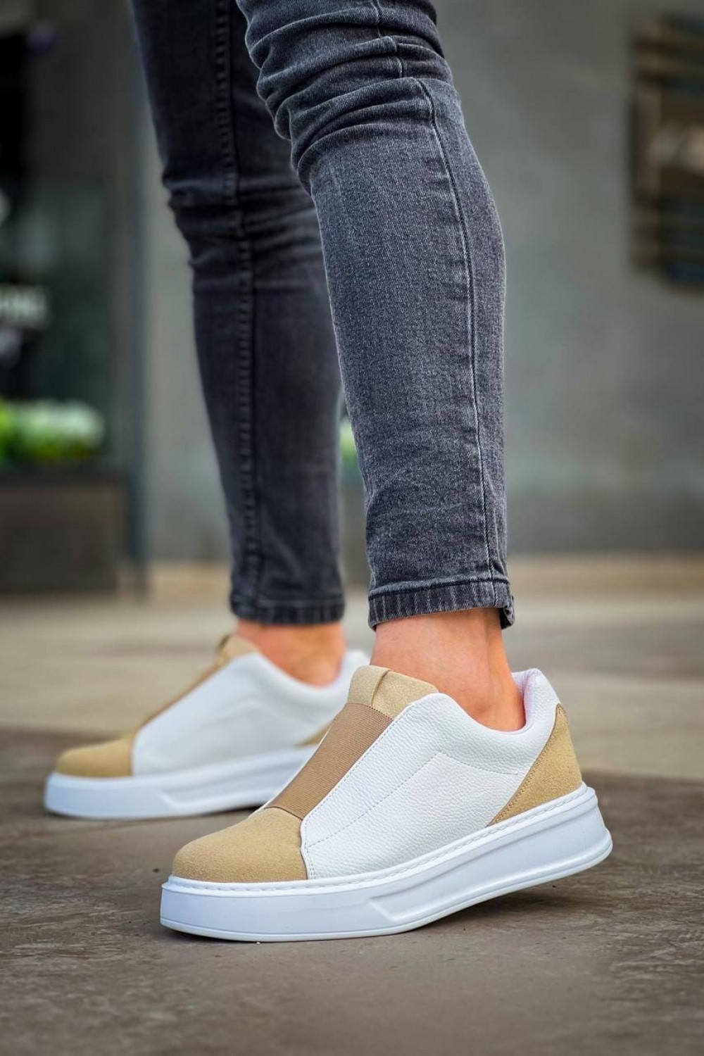 KB007 Erkek Günlük Bağcıksız Süet Cilt Spor Sneaker Ayakkabı SCBT - Bej/Beyaz – Kuback Erkek Ayakkabı