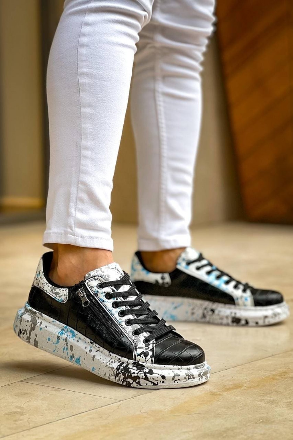 KB02 Erkek Günlük Bağcıklı Fermuarlı Boyalı Croco Cilt Spor Sneaker Ayakkabı CRT - Siyah/Mavi Erkek Ayakkabı KB02 Erkek Günlük Bağcıklı Fermuarlı Boyalı Croco Cilt Spor Sneaker Ayakkabı CRT - Siyah/Mavi – Kuback Erkek Ayakkabı