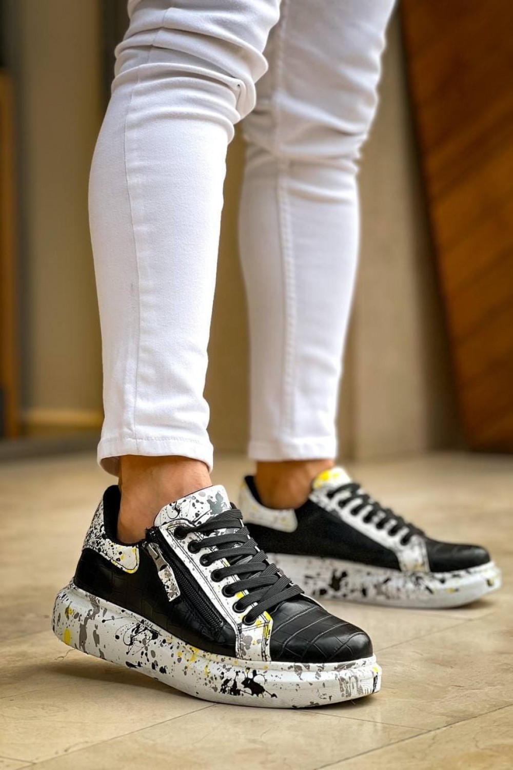 KB02 Erkek Günlük Bağcıklı Fermuarlı Boyalı Croco Cilt Spor Sneaker Ayakkabı CRT - Siyah/Sarı Erkek Ayakkabı KB02 Erkek Günlük Bağcıklı Fermuarlı Boyalı Croco Cilt Spor Sneaker Ayakkabı CRT - Siyah/Sarı – Kuback Erkek Ayakkabı