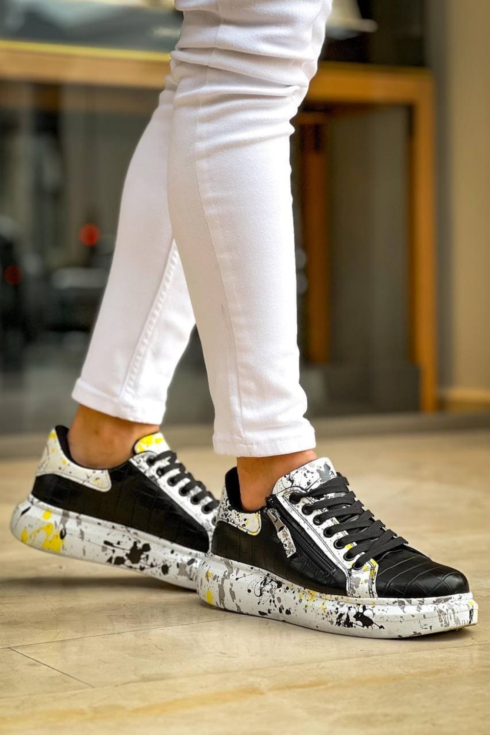 KB02 Erkek Günlük Bağcıklı Fermuarlı Boyalı Croco Cilt Spor Sneaker Ayakkabı CRT - Siyah/Sarı Erkek Ayakkabı KB02 Erkek Günlük Bağcıklı Fermuarlı Boyalı Croco Cilt Spor Sneaker Ayakkabı CRT - Siyah/Sarı – Kuback Erkek Ayakkabı