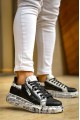 KB02 Erkek Günlük Bağcıklı Fermuarlı Gazete Boyalı Croco Cilt Spor Sneaker Ayakkabı CRT - Siyah