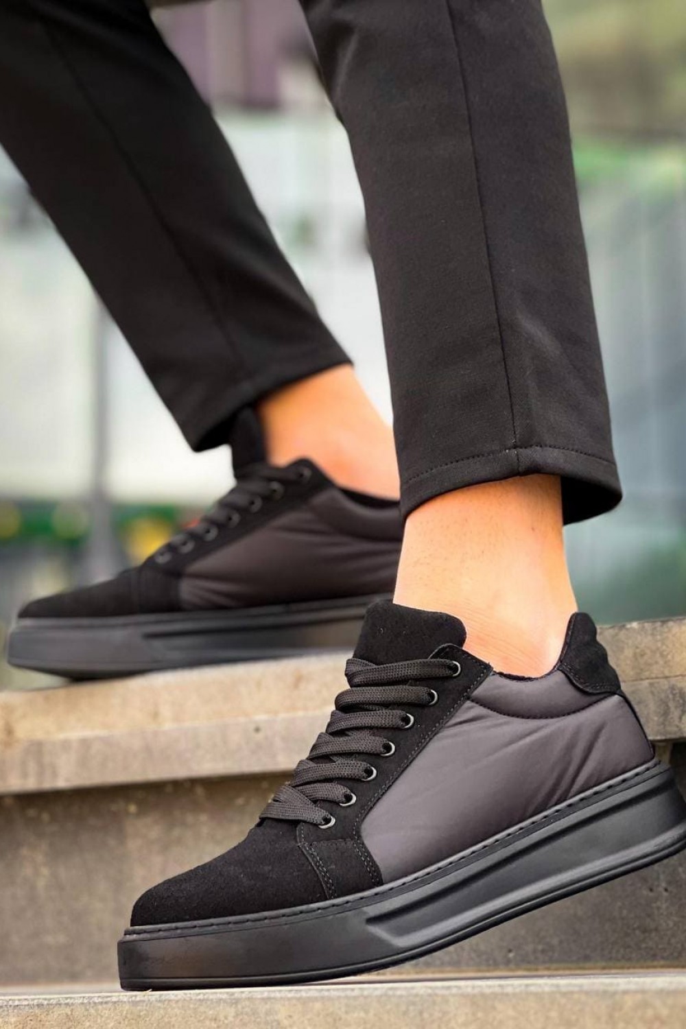 KB046 Erkek Günlük Bağcıklı Süet Paraşüt Kumaş Spor Sneaker Ayakkabı SPKST - Siyah – Kuback Erkek Ayakkabı
