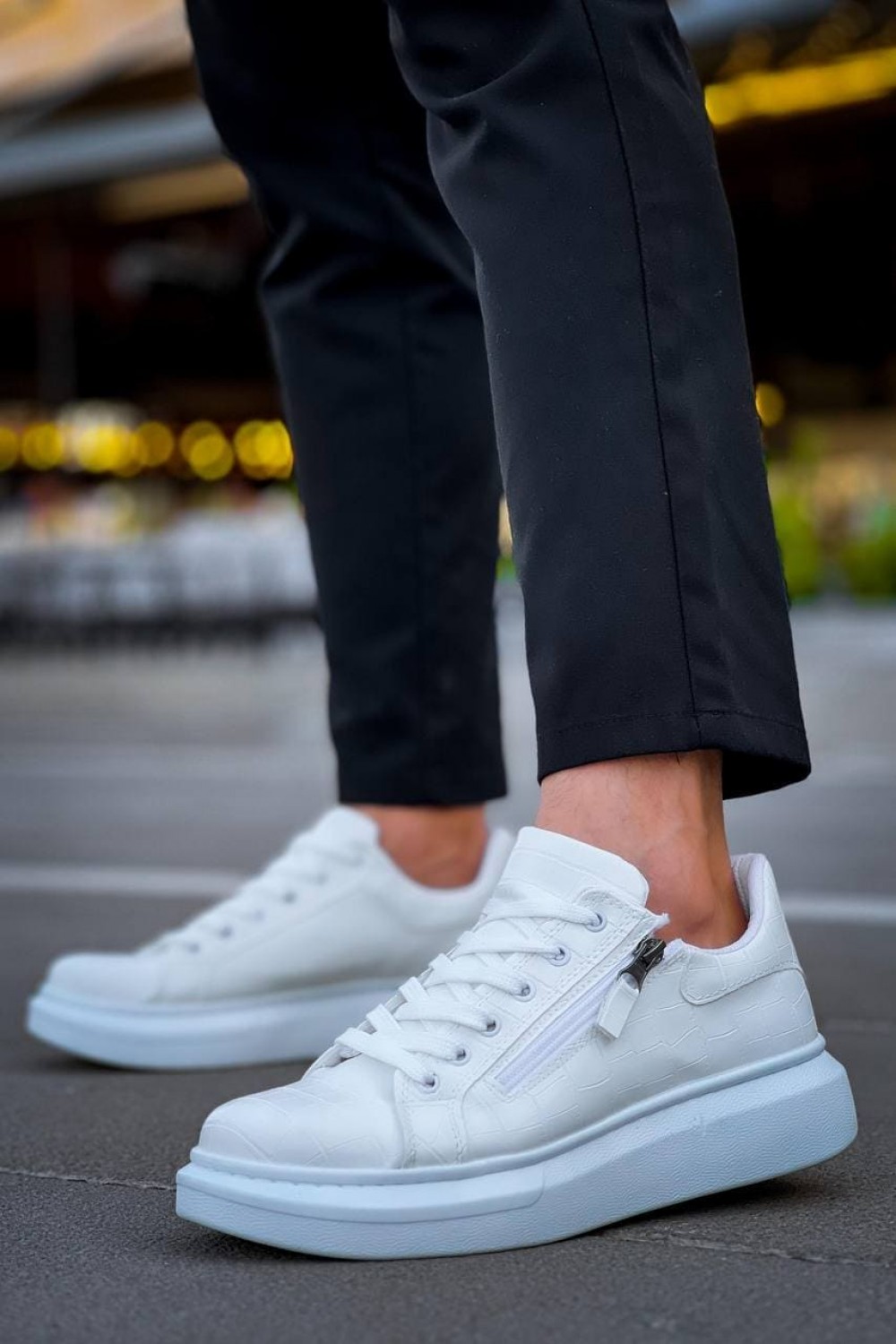 KB309 Erkek Günlük Bağcıklı Fermuarlı Croco Desenli Cilt Spor Sneaker Ayakkabı CBT - Beyaz – Kuback Erkek Ayakkabı