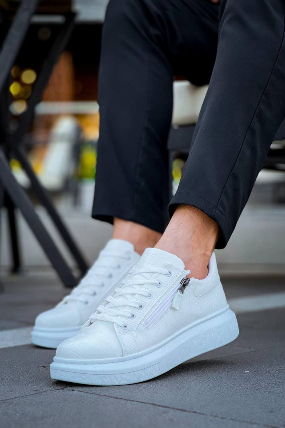 KB309 Erkek Günlük Bağcıklı Fermuarlı Croco Desenli Cilt Spor Sneaker Ayakkabı CBT - Beyaz – Kuback Erkek Ayakkabı