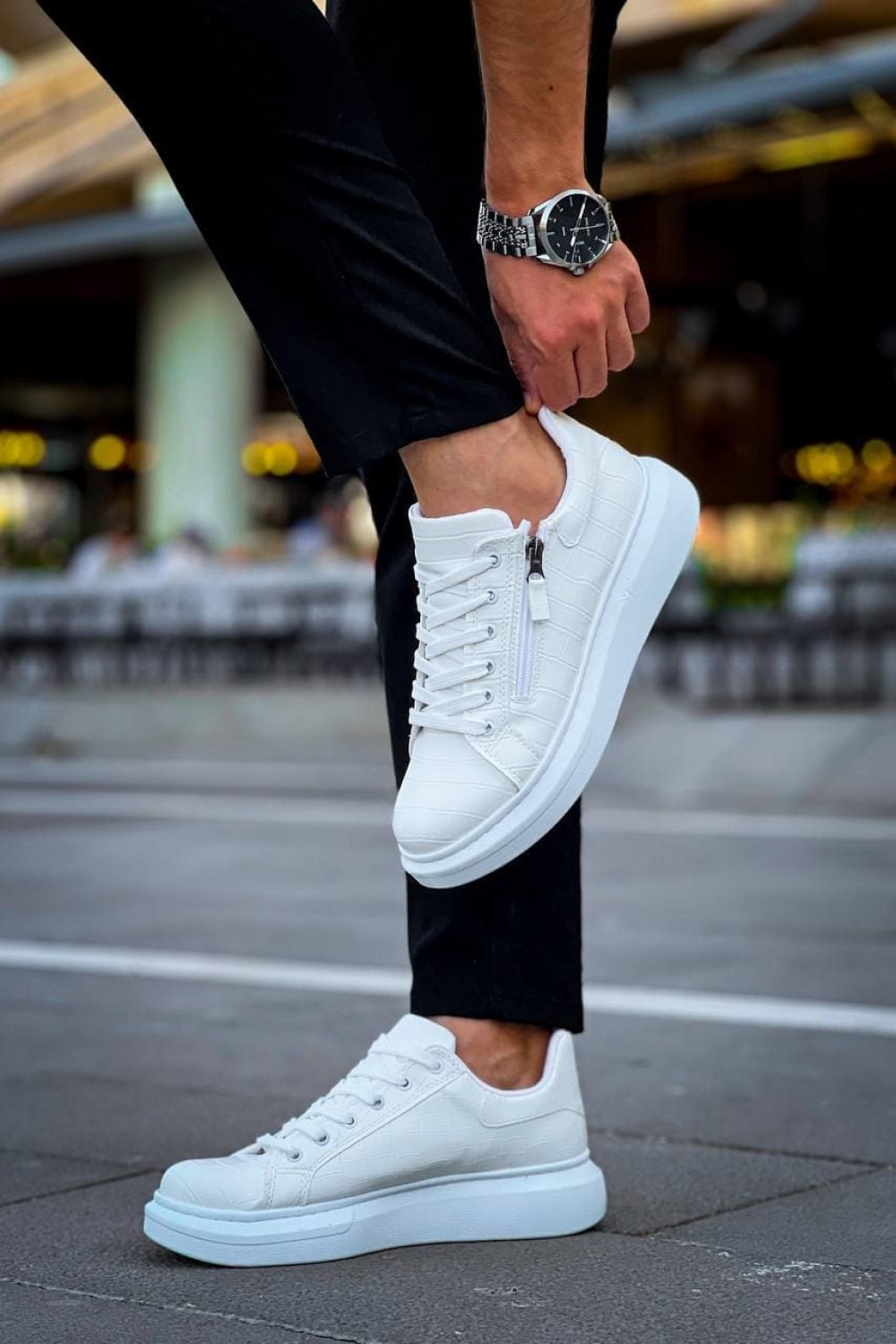KB309 Erkek Günlük Bağcıklı Fermuarlı Croco Desenli Cilt Spor Sneaker Ayakkabı CBT - Beyaz – Kuback Erkek Ayakkabı